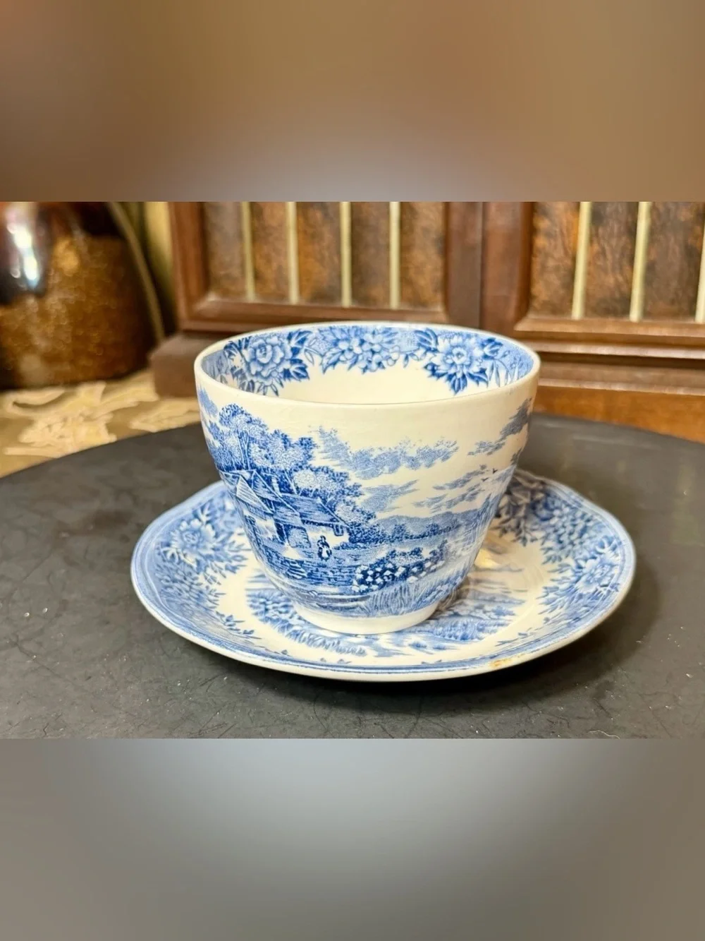 Vintage 1950s Salem English Village Blue Transferware Teacup & Saucer England